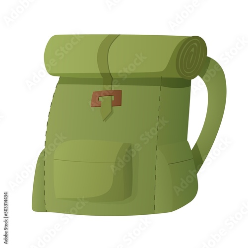 Backpack green for hiking and camping. Vector isolated object in cartoon style.