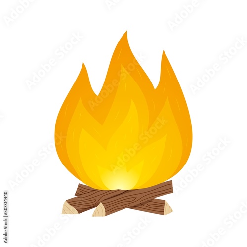 The fire burns on logs. Vector isolated object in cartoon style.