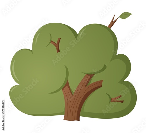 The bush is small with branches and leaves. Vector isolated object in cartoon style.