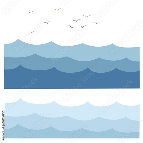Waves, sea, seagulls. Birds in the distance, blue sea surface in cartoon style. Isolated vector