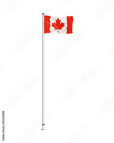 Flying flag of Canada vector illustration. Waving Canadian flag on metal pole isolated on white background