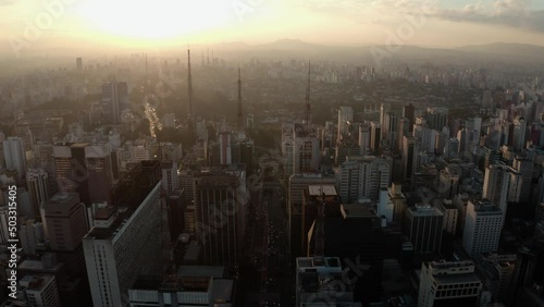 City Buildings Avenue Traffic Rush Hour Sunset São Paulo Avenida Paulista Aerial Drone Shot