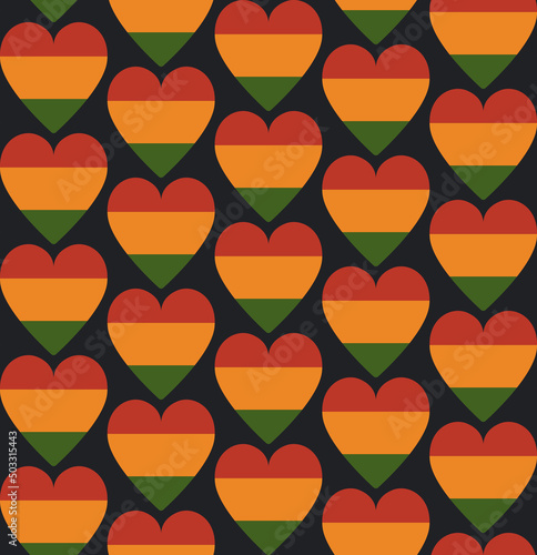 Seamless pattern with hearts in traditional Pan African colors - red, yellow, green, black background. Backdrop for Kwanzaa, Black history month, Black Love Day, Juneteenth greeting card, banner.