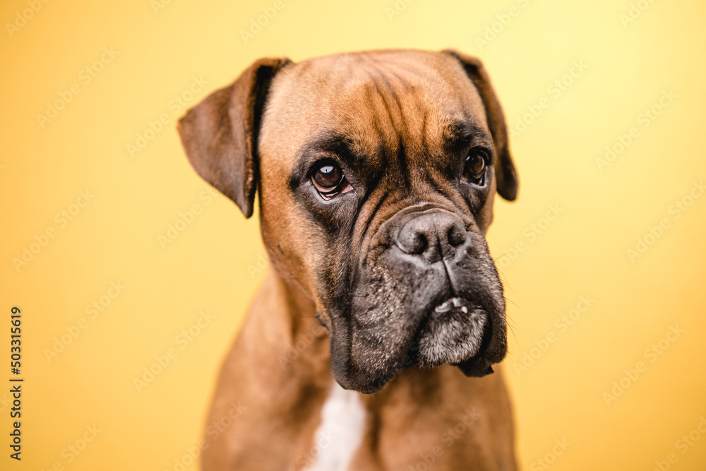 Close up view of a boxer dog looking to camera on yellow background