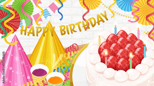 誕生日パーティーの風景_背景イラスト_文字_16:9