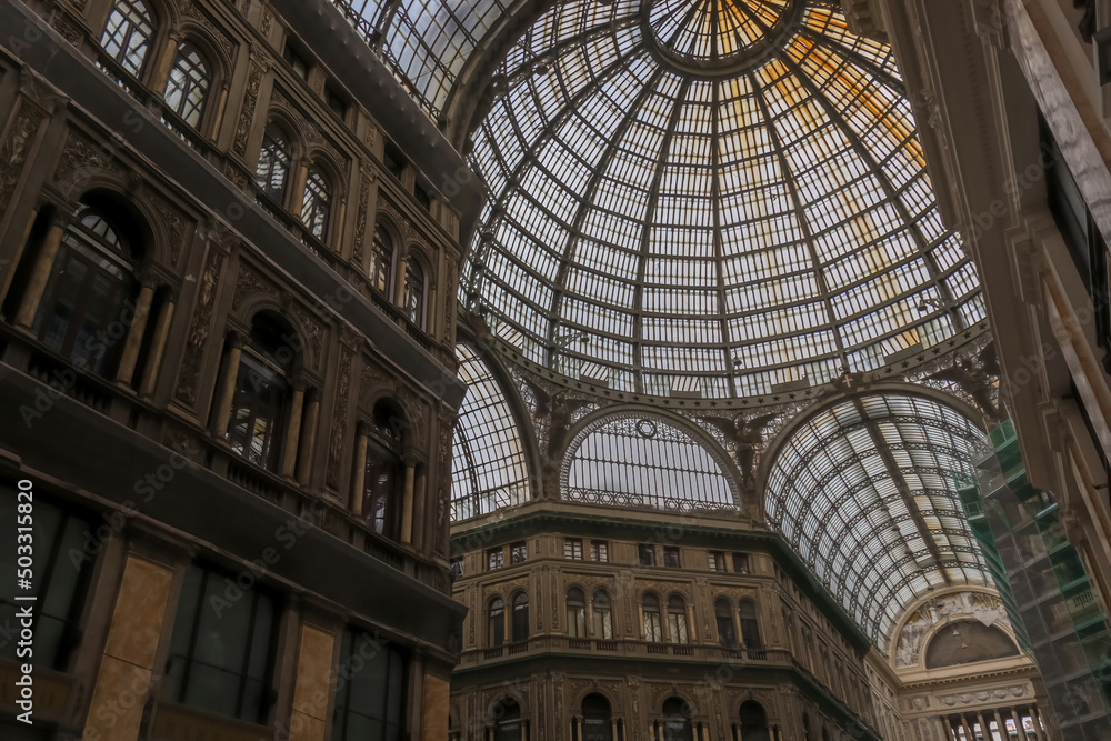 Ceiling of public shopping mall built in 1887 named after King Umberto, Galleria Umberto I is part of the Unesco World Heritage Old Town. Galleria Principe Di Napoli, Naples, Campania, Italy, Europe