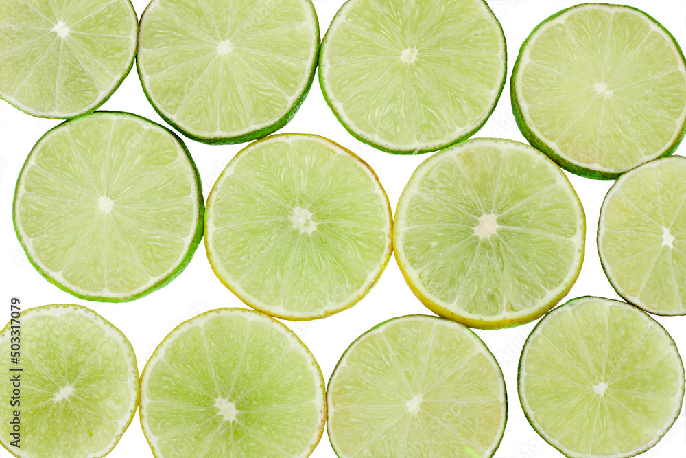 Lime slices isolated on white background, top view