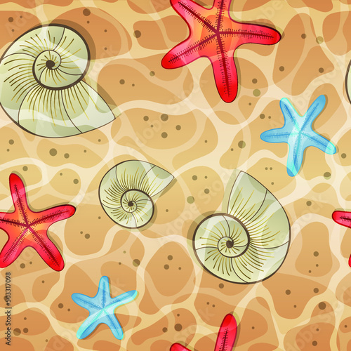 Sea, ocean water ripples surface with starfish and seashells on beige sand. Seamless pattern vector illustration.