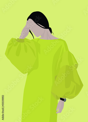 Vector flat image of a dark-haired girl in a light dress. Lady in a lemon dress with large sleeves. Design for postcards, avatars, posters, backgrounds, templates, textiles.