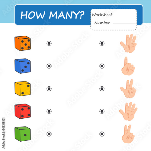 Math game for preschool children. Learning to count up to 5. Worksheet in vector.