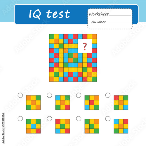 Logical puzzle game. Attention tasks for children. Find the element hidden behind the white square. IQ training test. Worksheet.