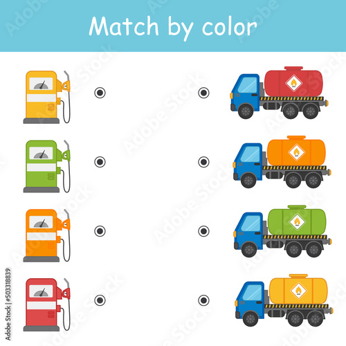 Match by color. Refueling of cars. A game for the development of logic for preschool children. Sheet for printing. Vector illustration