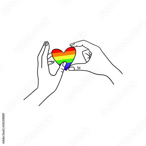 Arms holding the heart coloured in LGBT pride colours on the white background. Concept of the International Day Against Homophobia concept, sexual equality, feminism, social safety.