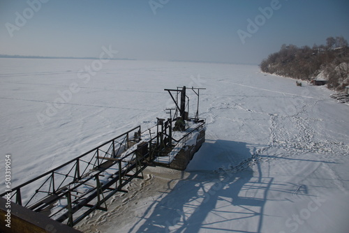 Old ruined metal pier in the Syzran region, Russia