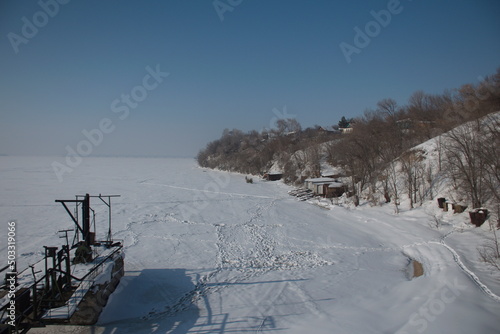 Old ruined metal pier in the Syzran region, Russia