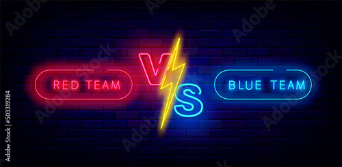 Versus neon signboard with lightning. Red and blue team. Boxing and match betting. Vector stock illustration