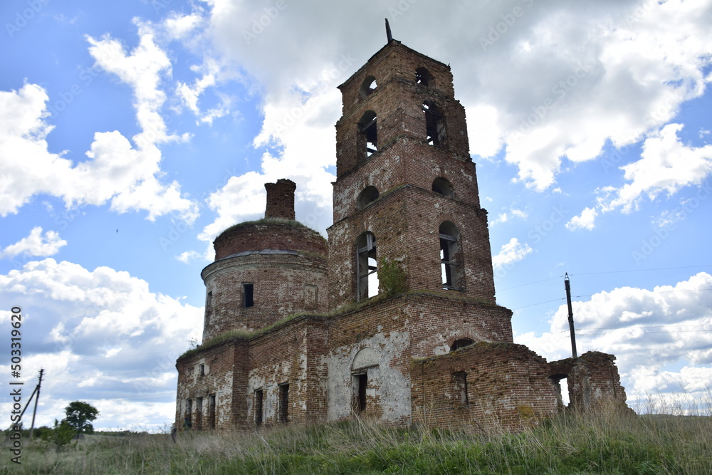 ruined brick temple in field, abandoned church. Ruins of a brick church. Ulyanovsk region Russia ruined brick temple in field, abandoned church. Ruins of a brick church. Ulyanovsk region Russia