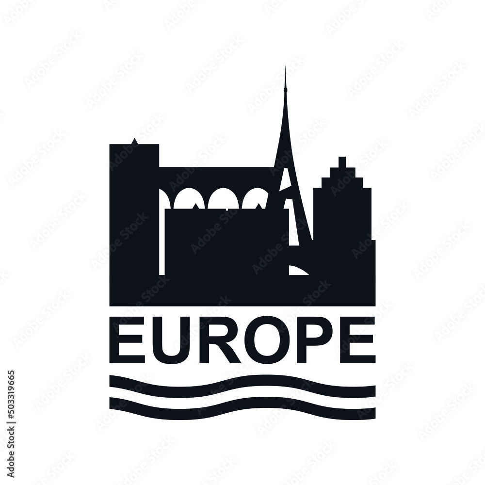 Europe logo icon sign Eiffel tower bridge emblem Architectural buildings of churches Waves stripe symbol Modern design Abstract style Fashion print clothes apparel greeting invitation card cover flyer