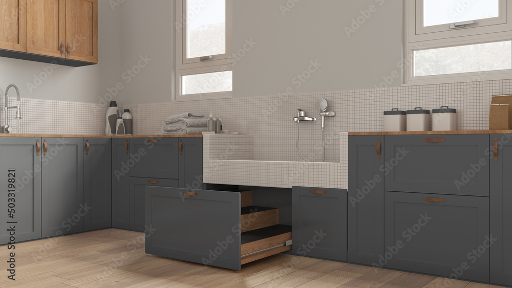 Fototapeta premium Mudroom in gray tones interior design, pet friendly laundry room with dog bath shower with mosaic tiles, faucet and wooden ladder inside a drawer. Parquet floor, space devoted to pet
