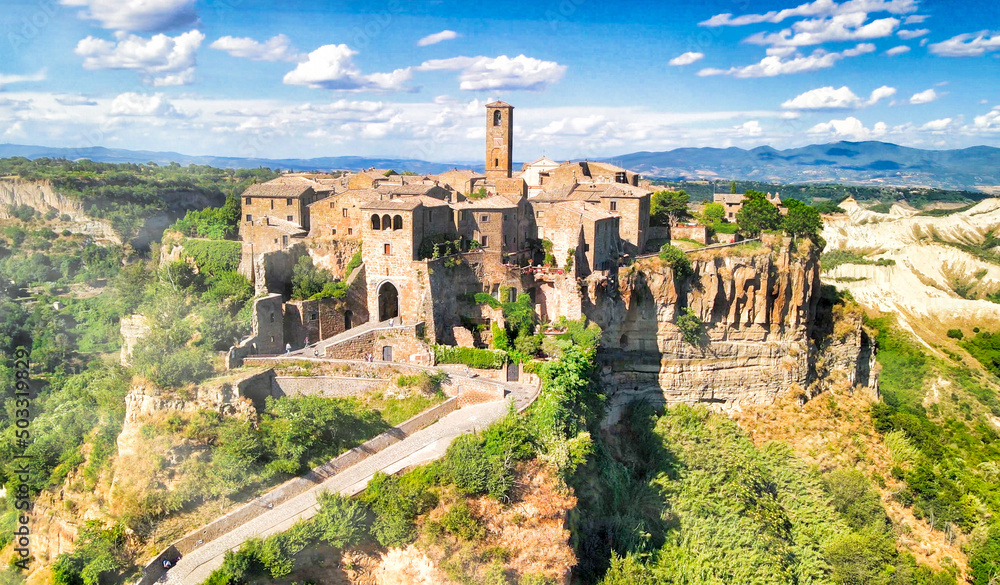 Amazing aerial view of Civita di Bagnoregio landscape in summer season, Italy. This is a famous medieval italian town