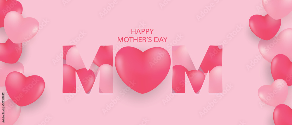 Happy Mother's day greeting card. Design with balloon hearts on pink background. vector. Happy Mother's day greeting card. Design with balloon hearts on pink background. vector.