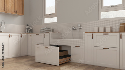 Fototapeta Naklejka Na Ścianę i Meble -  Mudroom in white tones interior design, pet friendly laundry room with dog bath shower with mosaic tiles, faucet and wooden ladder inside a drawer. Parquet floor, space devoted to pet