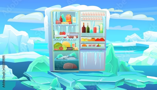 Fridge. Frost and ice icicles. Severe freezing. Ice landscape in arctic antarctic with icebergs. Very cold. Lots of food and prepared foods. Illustration is isolated on white background. Vector
