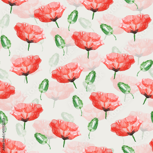Blooming red poppies on the field watercolor seamless pattern. Template for decorating designs and illustrations. 