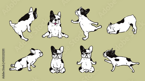 Cute French Bulldog Yoga Pose Namaste exercise with 8 poses