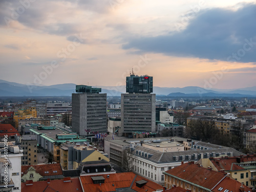 Landscape aerial view over the the city of Ljubljana during sunset