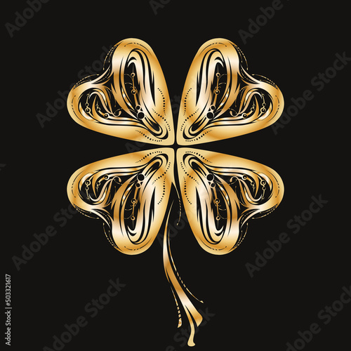 Stylized icon of golden four-leaf clover on black background. Vector illustration. Irish symbol of luck. St. Patrick's day attribute