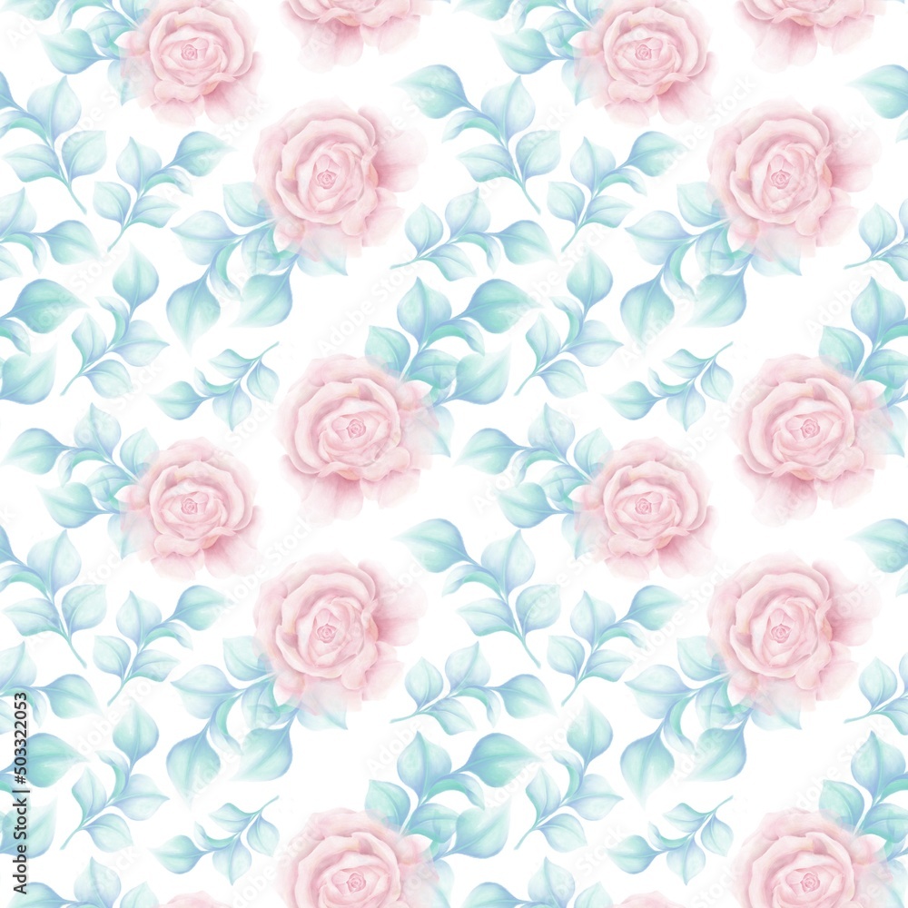Watercolor seamless decorative pattern of illustrations of green blue branches and pink roses