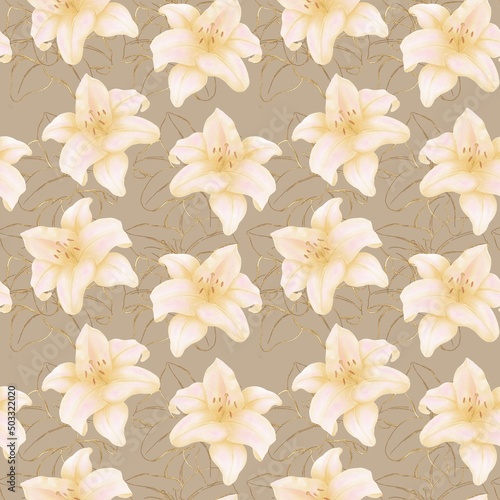 Seamless decorative pattern  with yellow lily flowers on a brown background 