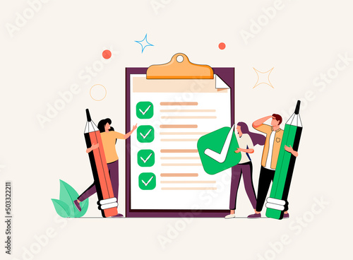 Business people studying list of rules, reading guidance, making checklist. Vector illustration for company order. photo