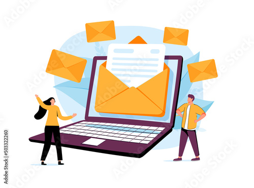 Writing professional email and business communication tiny person concept. Write new digital letter using computer.