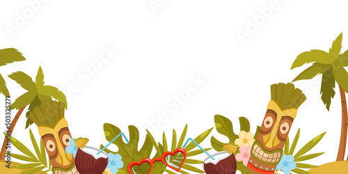 Seamless tropical border with Tiki mask, Plumeria flowers, coconut cocktail, monstera leaves, palm tree and sun glasses. Vector hawaiian border for wallpaper, packaging, banner and more.