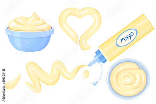Vector set with a cartoon splash of mayonnaise isolated on a white background. Mayonnaise in bottles, in a bowls with a view from above and frontally. Vector illustration for app, games and menu.