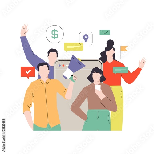 Refer a friend concept, referral marketing strategy, affiliate marketing, network marketing concept, flat vector illustration