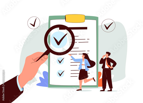 Traceability and product quality control with tracking tiny person concept. Source supply chain logistics verification and monitoring ability for ethical and transparent business vector illustration.