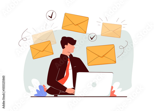 Writing professional email and business communication tiny person concept. Write new digital letter using computer document vector illustration. Elegant businesswoman in work with company laptop.