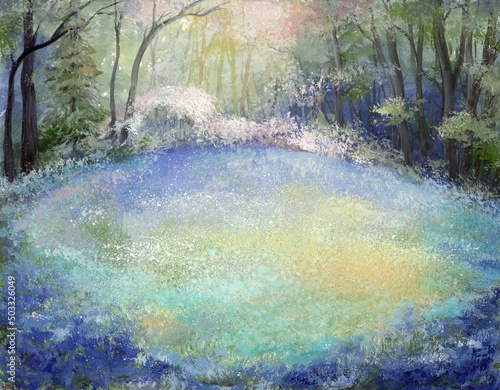 Painted spring landscape with a flowering meadow and trees.