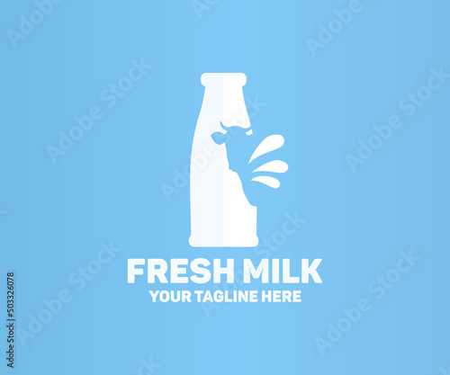 Fresh milk glass bottle,  splash,  fresh organic milk logo design. Dairy and milk product , fresh natural food, healthy eating vector design and illustration. photo