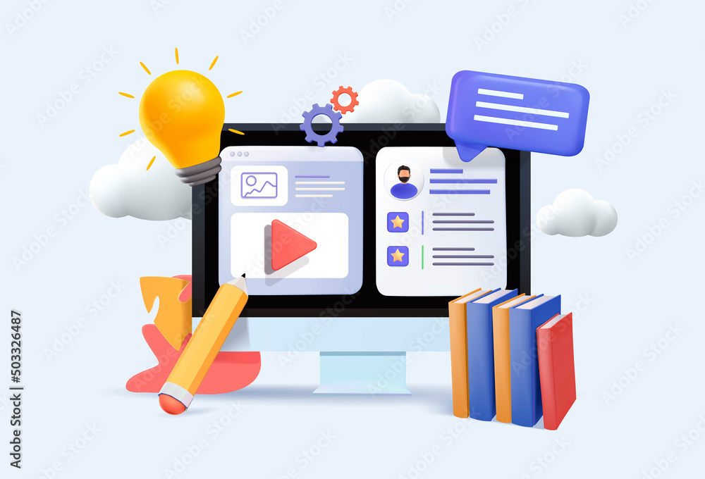 3D  Vector Illustrations. Online concept. Computer with open pages