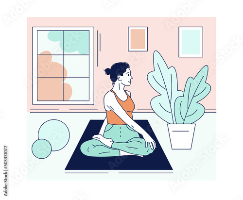 Woman doing yoga classes at home. Good asana for spine and posture. Flat, cartoon style.