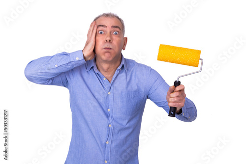 scared or surprised man with paint brush isolated