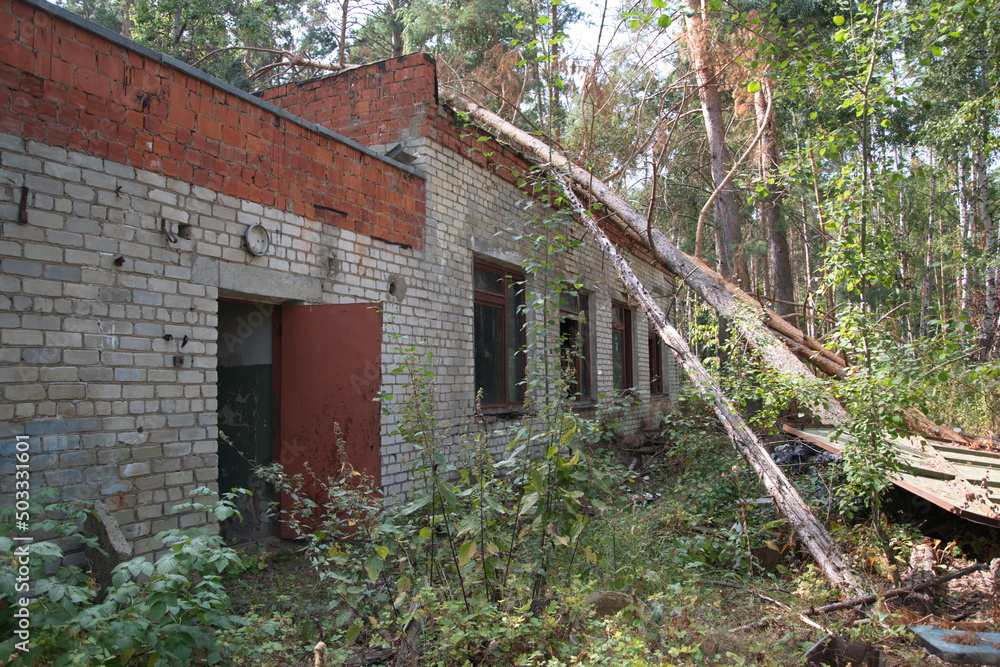 destroyed brick buildings on the territory of an old children's camp in the summer forest. Ulyanovsk destroyed brick buildings on the territory of an old children's camp in the summer forest. Ulyanovsk