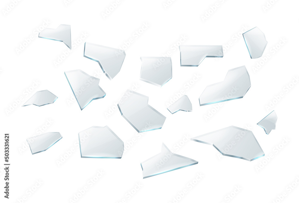 3d realistic vector illustration. Broken cracks of transparent glass pieces. Isolated on white backgorund.