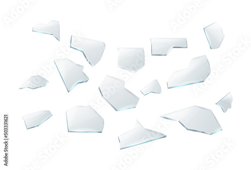 3d realistic vector illustration. Broken cracks of transparent glass pieces. Isolated on white backgorund.