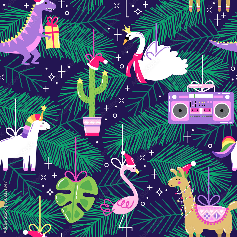 Seamless pattern with cute funny Christmas ornaments in bright cartoon style