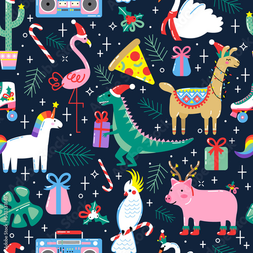 Christmas seamless pattern with cute funny animals